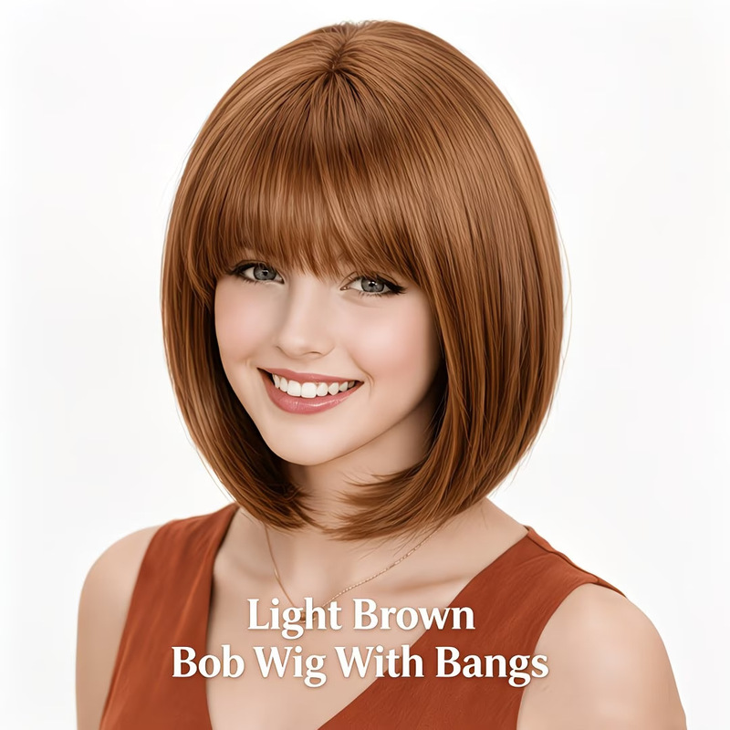 가벼운 앞머리가 있는 짧은 보브 가발, 연한 갈색, 사 - Wig Fiber Net 리뷰 및 가격